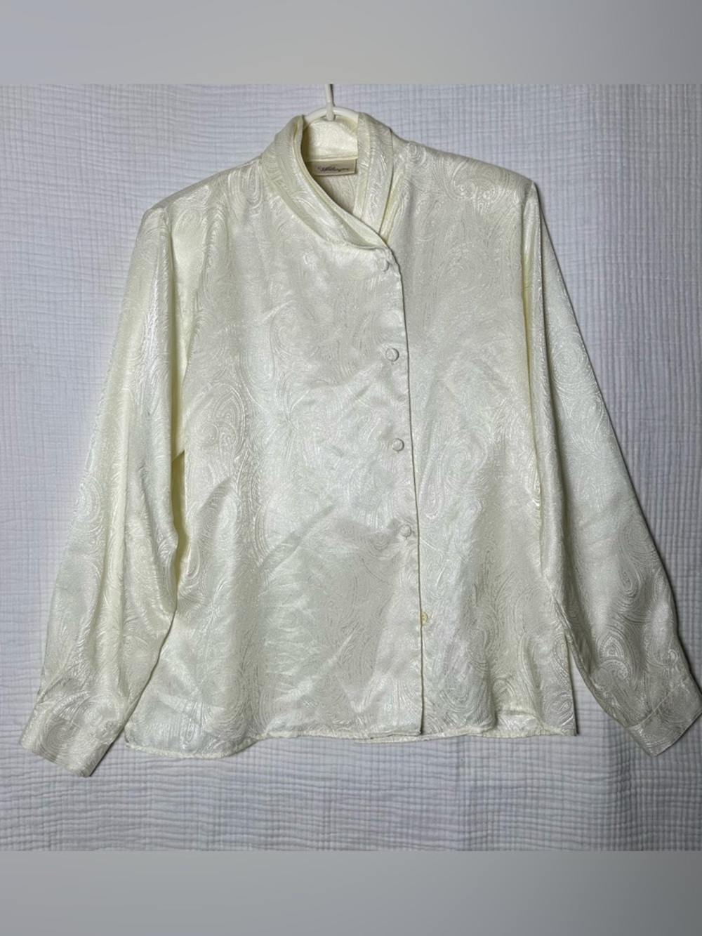 VTG 80’s Mandarin Collar-Side Buttons-Paisly Jacard BLOUSE-16M-Secretary Chic
